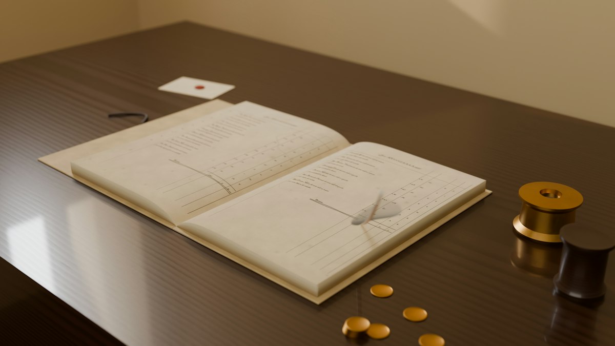 Accounting ledgers and company documents on a desk